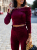 Komplet welurowy bluza opuszczana na ramiona i spodnie bordowy c352 k01