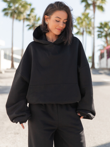 Viralowa Dresowa bawełniana BLUZA z kapturem oversize szeroka czarna E644