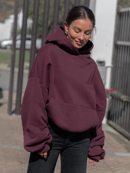 Viralowa Dresowa bawełniana BLUZA z kapturem oversize szeroka śliwkowy E644