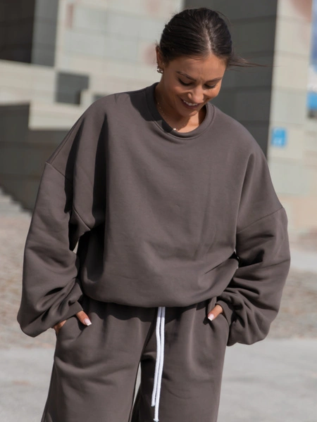 Dresowa bawełniana BLUZA oversize szeroka dark mokka X402