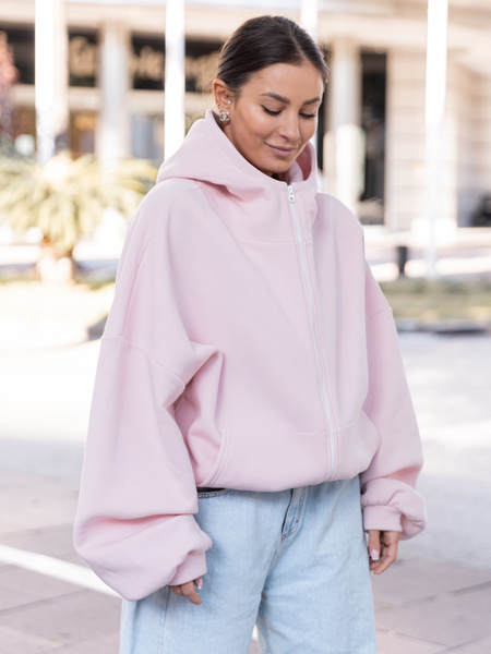 Bawełniana oversizowa BLUZA z kapturem zapinana na zamek z dresu drapanego baby pink X508
