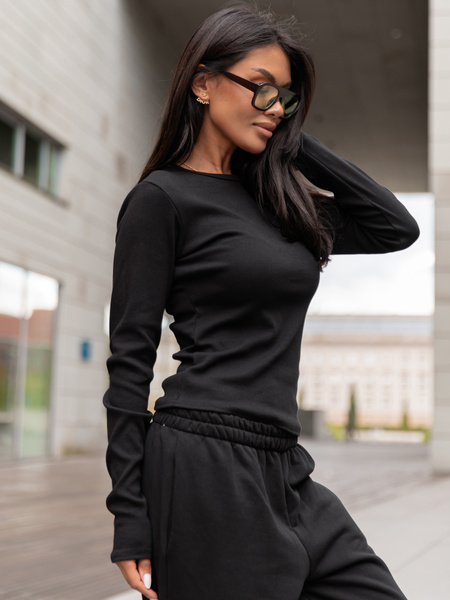 Basic Bawełniana BLUZKA z prążkowanej dzianiny czarna X355