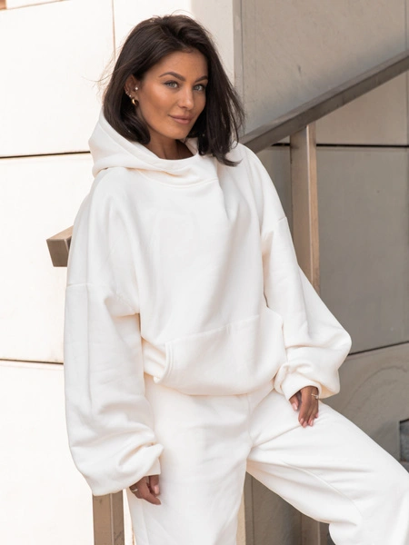 Viralowa Bawełniana BLUZA z drapanego dresu z kapturem na stójce z kieszeniami kangurka ecru E1