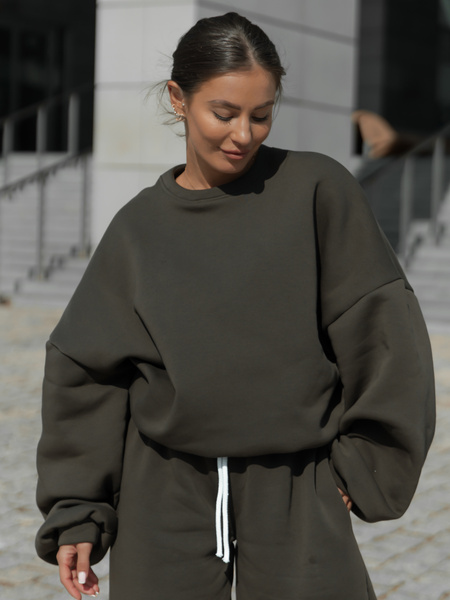 Dresowa bawełniana BLUZA oversize szeroka dark khaki X402