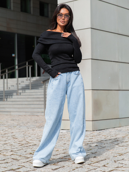 Dopasowany codzienny SWETER o klasycznym splocie opuszczany na ramiona czarny X411