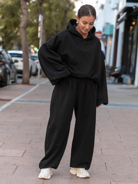 Bawełniana dresowa BLUZA z kapturem oversize z szerokimi rękawami z dresu pętelkowego czarna X515