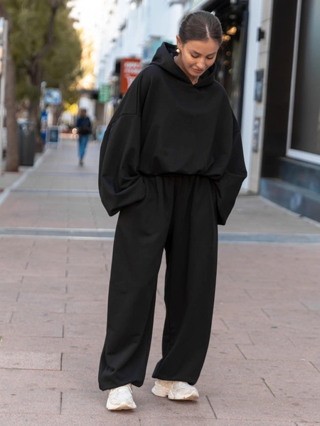 Bawełniane dresowe SPODNIE oversize baggy ze ściągaczami z dresówki pętelkowej czarne X516