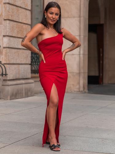 Elegancka SUKIENKA o asymetrycznym kroju na jedno ramię kopertowy dół czerwona E302 k01
