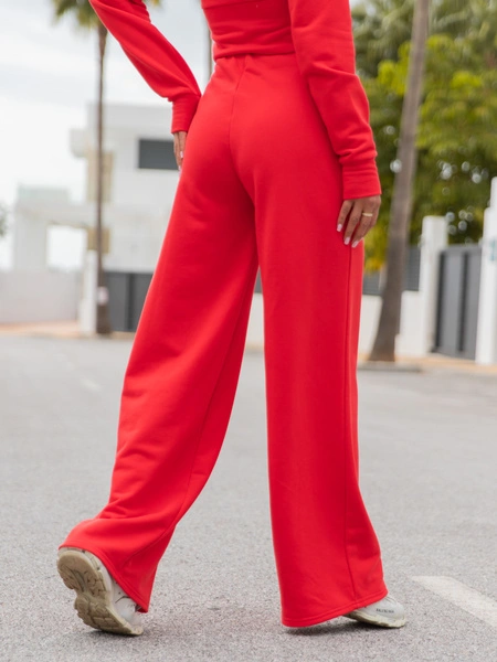 Dresowy bawełniany KOMPLET dopasowana bluza z kapturem i spodnie z poszerzanymi nogawkami koralowy X75 k01