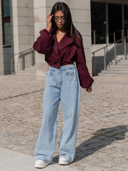 Oversizowa zamszowa krótka KURTKA o szerokim kroju ze ściągaczem bordowa X407