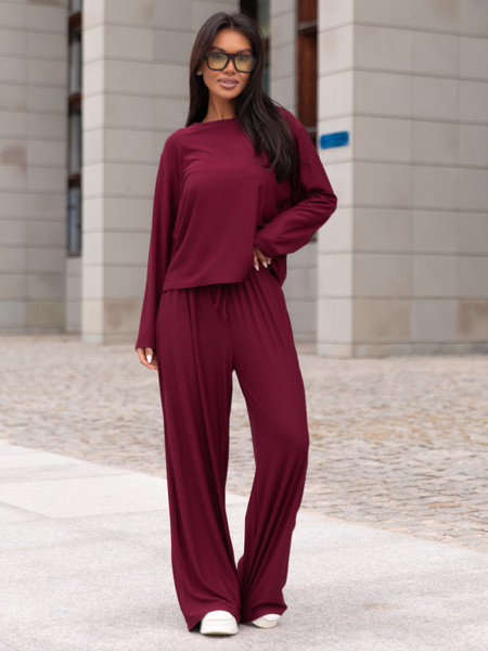 Wiscozowy luźny szeroki T-SHIRT z długim rękawem bordowy X415