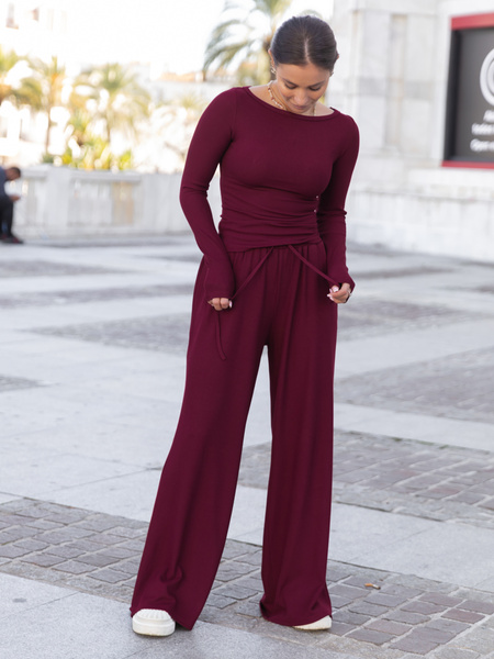 Luźne komfortowe SPODNIE z prążkowanej dzianiny wiscoza i bawełna bordowe X507