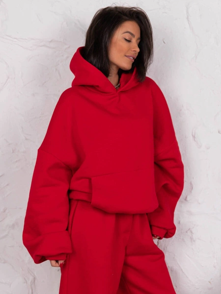 Dresowa bawełniana BLUZA z kapturem oversize szeroka czerwona E644