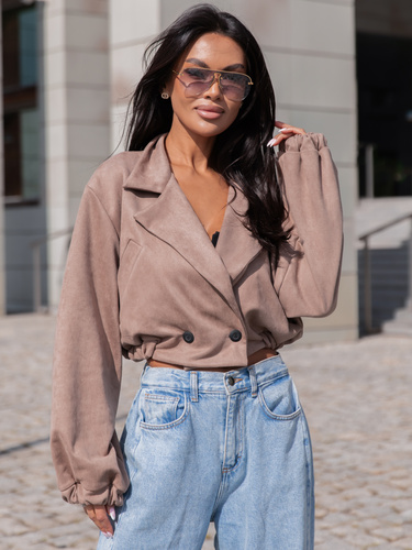 Oversizowa zamszowa krótka KURTKA o szerokim kroju ze ściągaczem beżowa X407