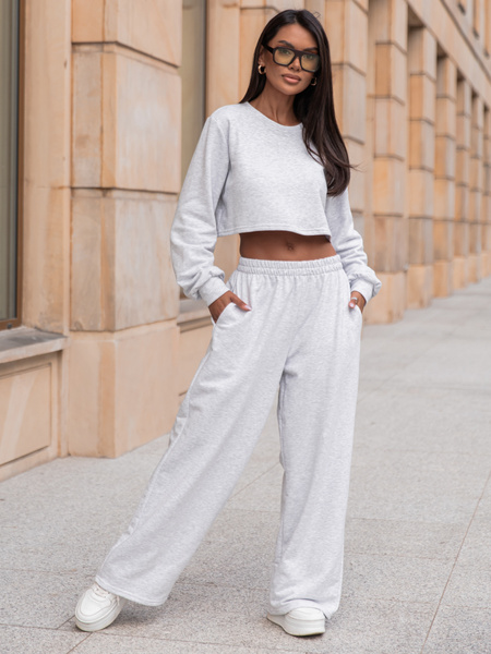 Dresowy bawełniany KOMPLET oversizowa bluzka z długim rękawem i luźne spodnie z szerokimi nagawkami szary melanż X303