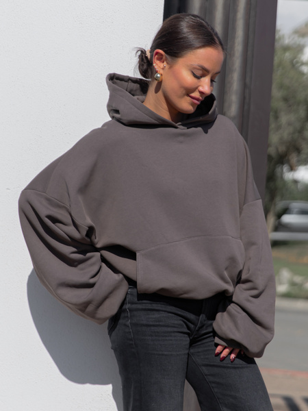 Viralowa Dresowa bawełniana BLUZA z kapturem oversize szeroka dark mokka E644