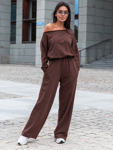 Dresowy bawełniany KOMBINEZON z długimi spodniami brązowy X414