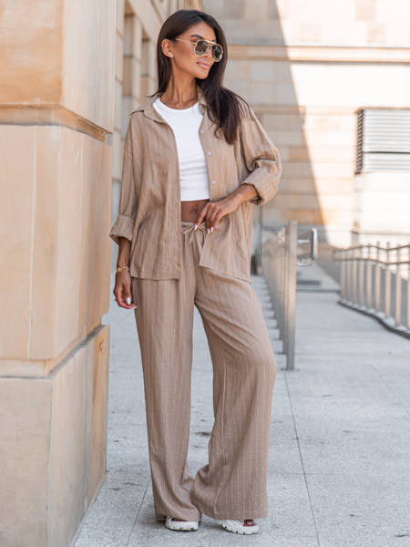 Lniane luźne długie SPODNIE z niższym stanem mokka w tenisowy prążek X251 k01