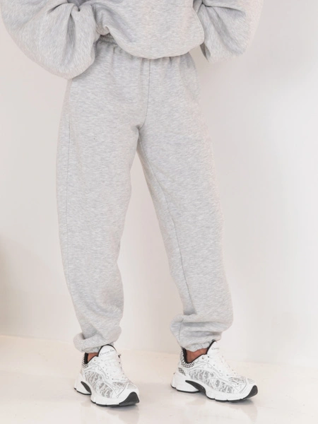 Dresowe bawełniane SPODNIE z wysokim stanem luźny krój ze ściągaczami szary melanż E341