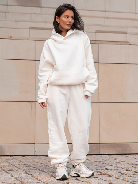 Dresowa bawełniana BLUZA z kapturem kangurka o klasycznym kroju ecru X350