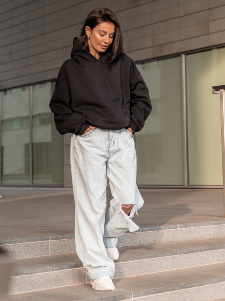 Dresowa bawełniana BLUZA z kapturem kangurka o klasycznym kroju czarna X350