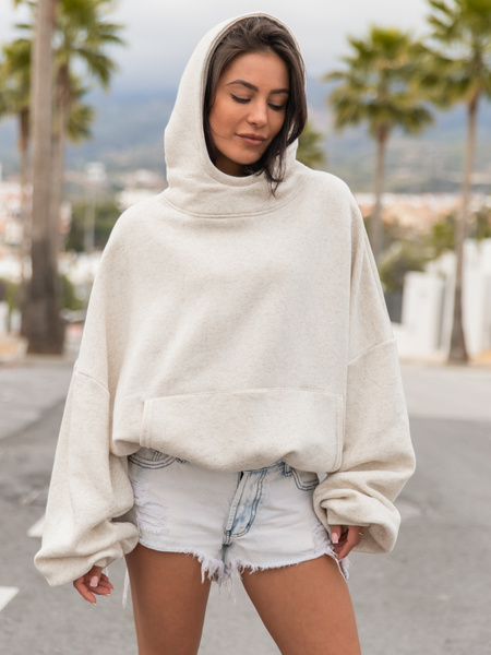 Viralowa Oversizowa BLUZA z kapturem bluzowana kangurka z bawełnianej dresówki z lnem beż melanż X2 k01