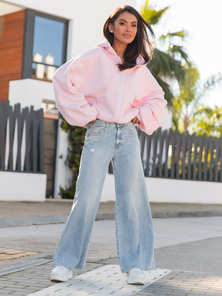 Oversizowa BLUZA z kapturem zapinana na zamek bluzowana kangurka z bawełnianej dresówki baby pink X1