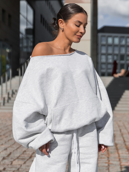Dresowa bawełniana BLUZA opuszczana na ramiona oversize szeroka szary melanż X400
