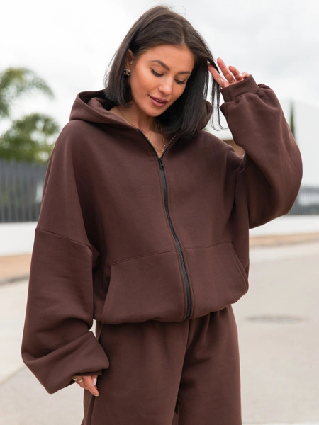 Oversizowa BLUZA z kapturem zapinana na zamek bluzowana kangurka z bawełnianej dresówki brązowa X1