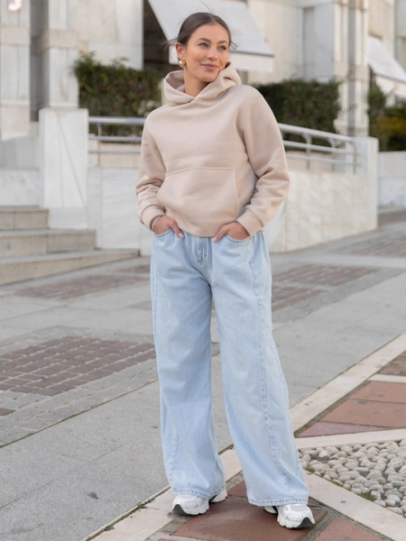 Dresowa bawełniana BLUZA z kapturem regular fit beżowa X554