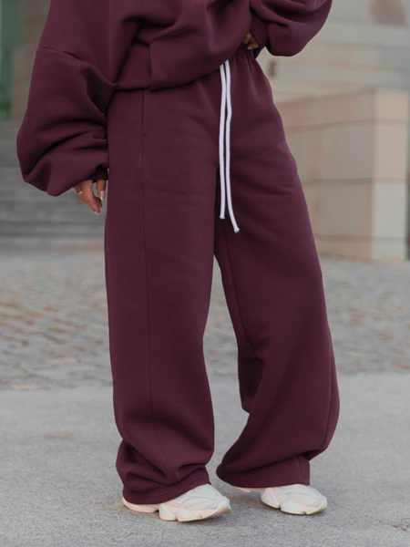 Dresowe bawełniane SPODNIE oversize ze średnim stanem z przeszyciami deep plum / śliwkowe X401