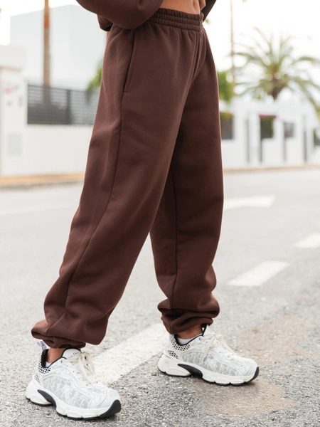 Dresowe bawełniane SPODNIE  ze ściągaczami brązowe X32