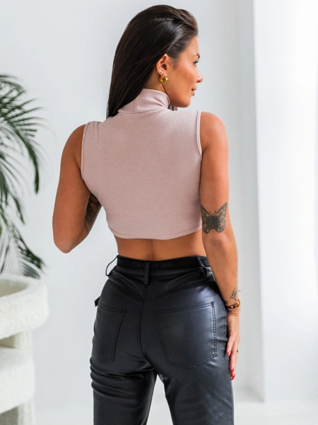 Krótki TOP bez rękawów z półgolfem z miękkiej sweterkowej dzianiny brudny róż D574 k01