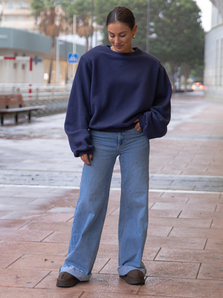 Oversizowa bawełniana BLUZA z drapanego dresu z poduszkami na ramionach navy blue X469