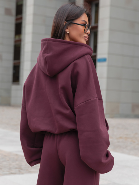 Oversizowa BLUZA z kapturem zapinana na zamek bluzowana kangurka z bawełnianej dresówki deep plum / śliwkowy X1