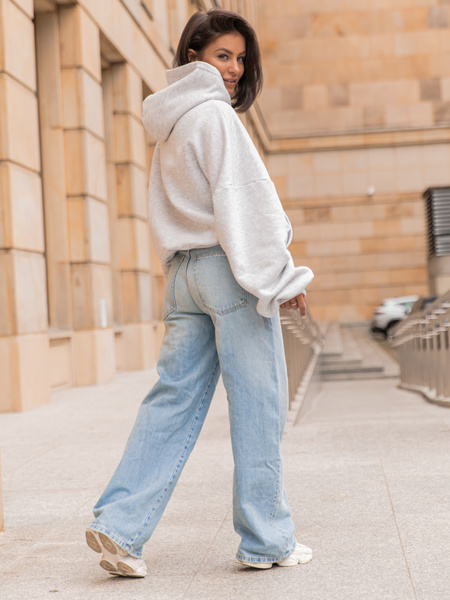 Viralowa Dresowa bawełniana BLUZA z kapturem oversize szeroka szary melanż E644