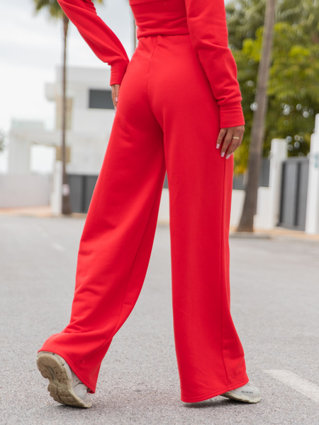 Dresowy bawełniany KOMPLET dopasowana bluza z kapturem i spodnie z poszerzanymi nogawkami koralowy X75 k01