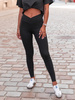 Bawełniane dopasowane SPODNIE legginsy z asymetrycznym paskiem z prążkowanej dzianiny czarne E425 k01
