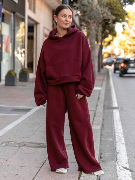 Bawełniane dresowe SPODNIE szeroki krój bez ściągaczy z dresu drapanego bordowe X512