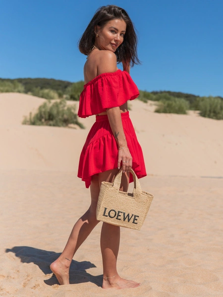 KOMPLET bluzka hiszpanka z odkrytymi ramionami i asymetryczne spódnico spodenki ze zwiewnej tkaniny czerwony X123 k01