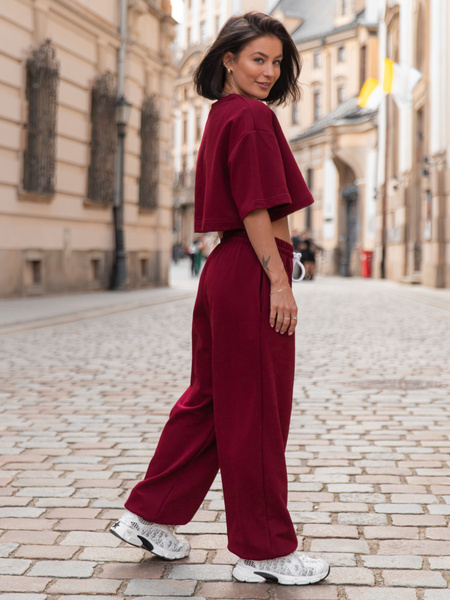 Bawełniany dresowy luźny szeroki T-SHIRT z krótkim rękawem bordowy X216 k01