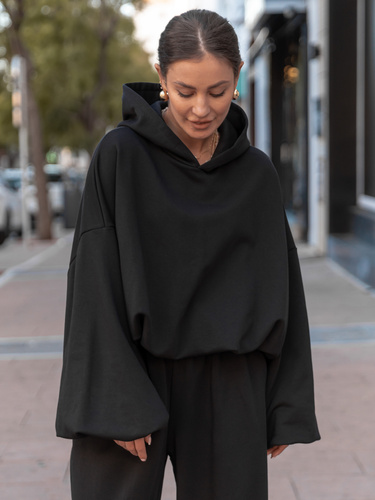 Bawełniana dresowa BLUZA z kapturem oversize z szerokimi rękawami z dresu pętelkowego czarna X515