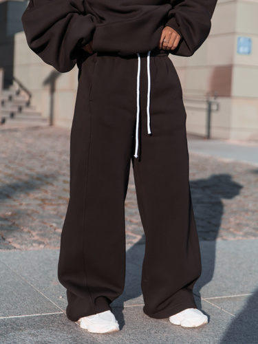 Dresowe bawełniane SPODNIE oversize ze średnim stanem z przeszyciami dark chocolate X401