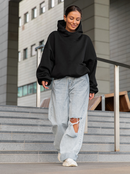 Viralowa Bawełniana BLUZA z drapanego dresu z kapturem na stójce z kieszeniami kangurka czarny E1