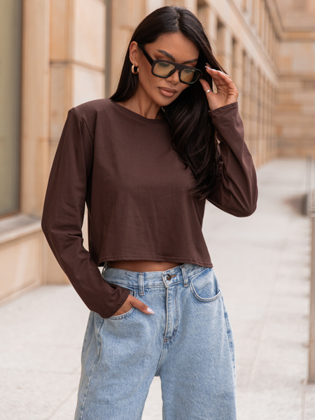 Bawełniany T-SHIRT bluzka z długim rękawem z poduszkami na ramionach brązowa X308 k01