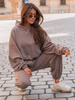 Dresowy bawełniany KOMPLET oversizowy bluza z kapturem i szerokie spodnie ze ściągaczami coffee E315