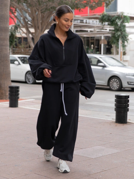 ZESTAW DRESOWY: Oversizowa BLUZA z dresu drapanego na stójce z zamkiem X477 + Oversizowe SPODNIE dresu drapanego z przeszyciem i ściągaczami X476