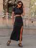 Elegancki KOMPLET bluzka z krótkim rękawem i spódnica maxi drapowana czarny X259