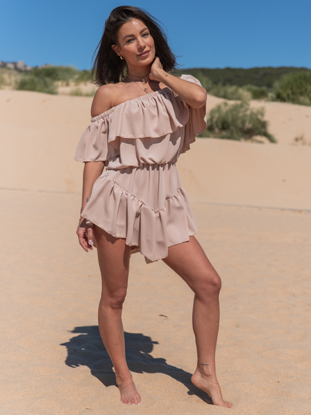 Zwiewna SUKIENKA z wszytymi spodenkami KOMBINEZON w stylu hiszpańskim beżowy X108 k01