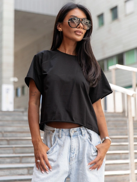 Bawełniany T-SHIRT bluzka z krótkim reglanowym rękawem czarny X354